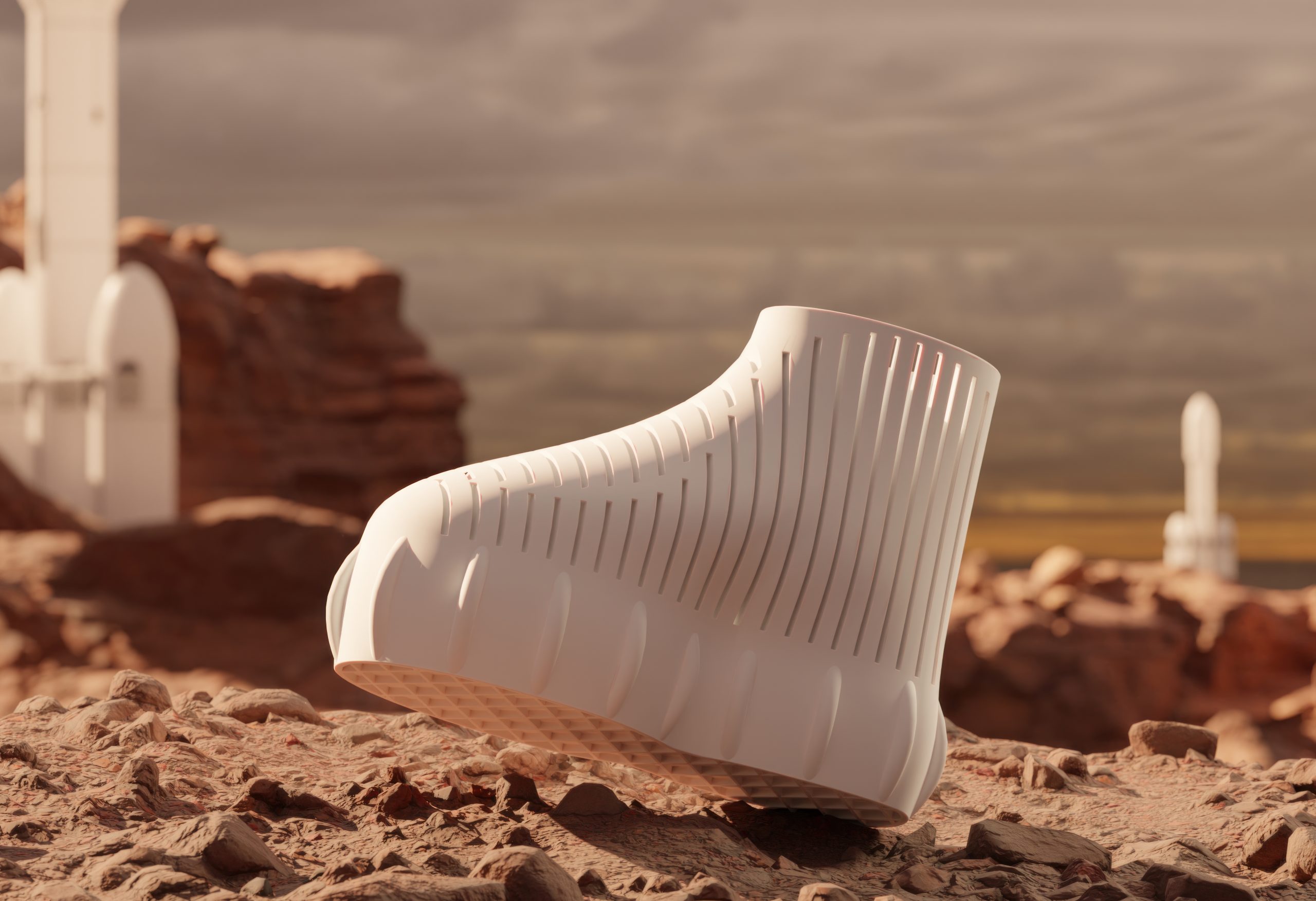 Rendering of a white, futuristic running shoe on red, rocky Mars soil. White spaceships can be seen in the background.